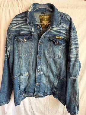 Rare Born Fly Jean Jacket Distressed embroidered patches on back. 3X Streetwear